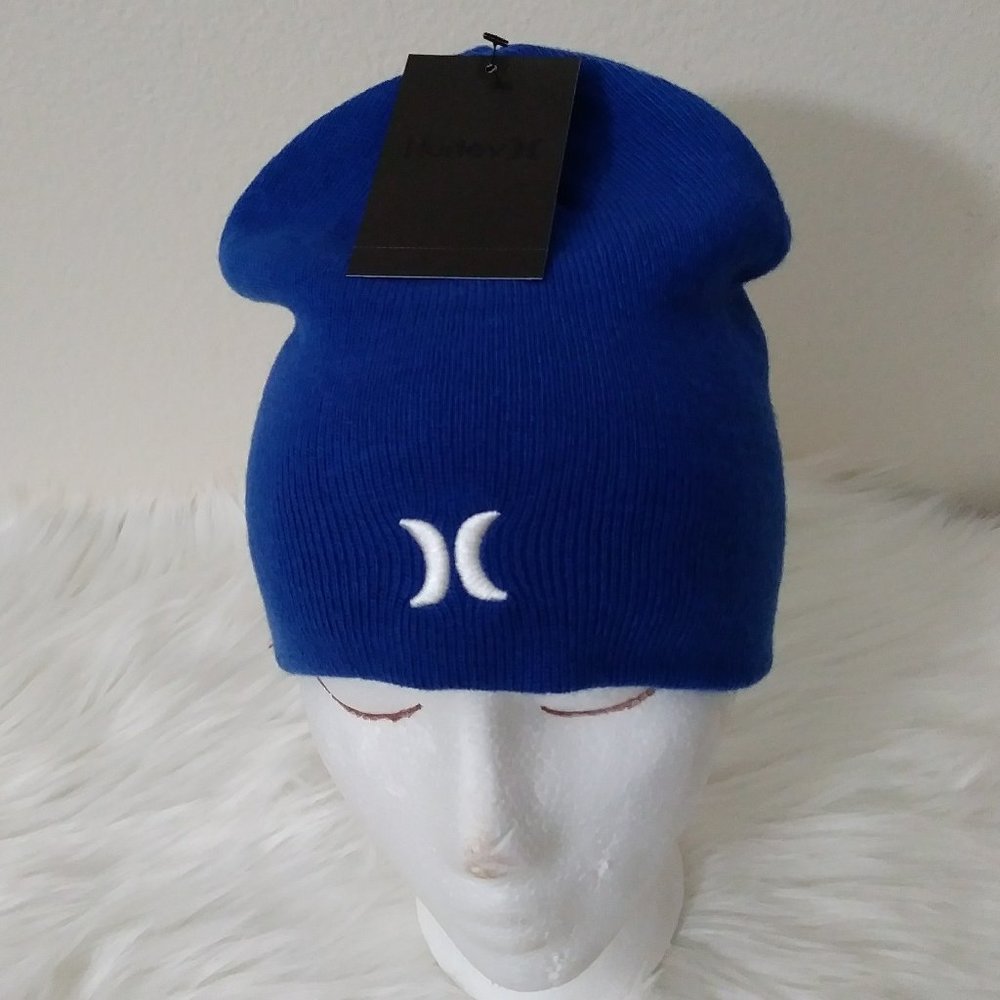 Hurley Icon Cuff Beanie Blue Ribbed Knit Embroidered Logo One Size